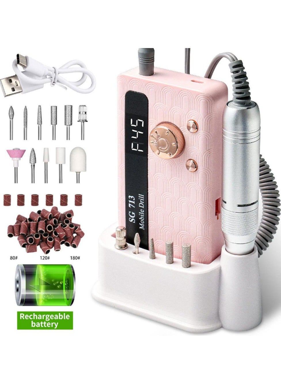 Electric Nail Drill - 45000RPM Portable Nail Drill丨Rechargeable Nail E-File Kit with 11 Bits & Base丨LED Screen丨Ultra-Silent, Rechargeable Nail Drills Machine for Acrylic Nails Gel Polishing(Pink)